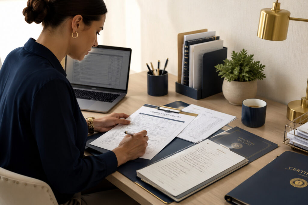 Consultant checking documents for a competency certificate renewal
