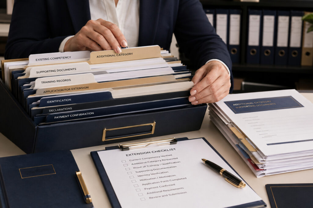 Administrative paperwork being prepared for an initial competency application